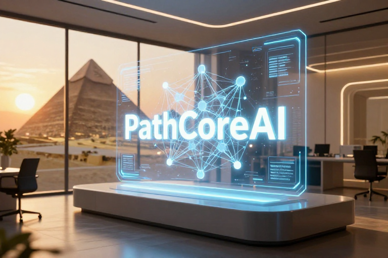 PathCoreAI futuristic office with Egyptian pyramids